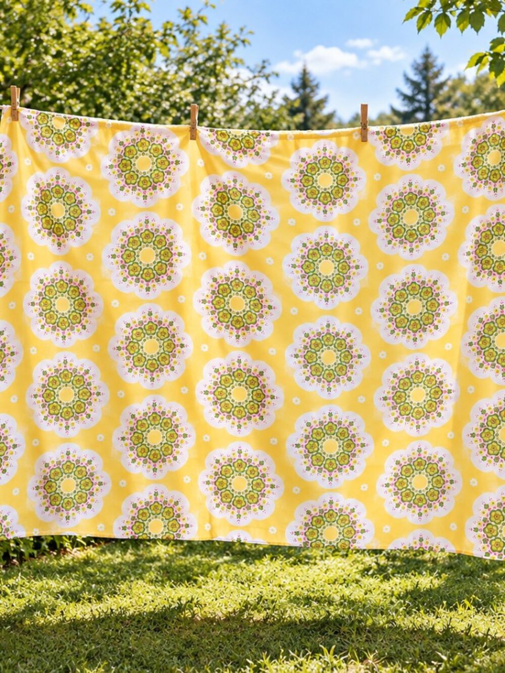 Vintage 1970s Cotton Full Size Flat Sheet Yellow Green Pink Retro Floral